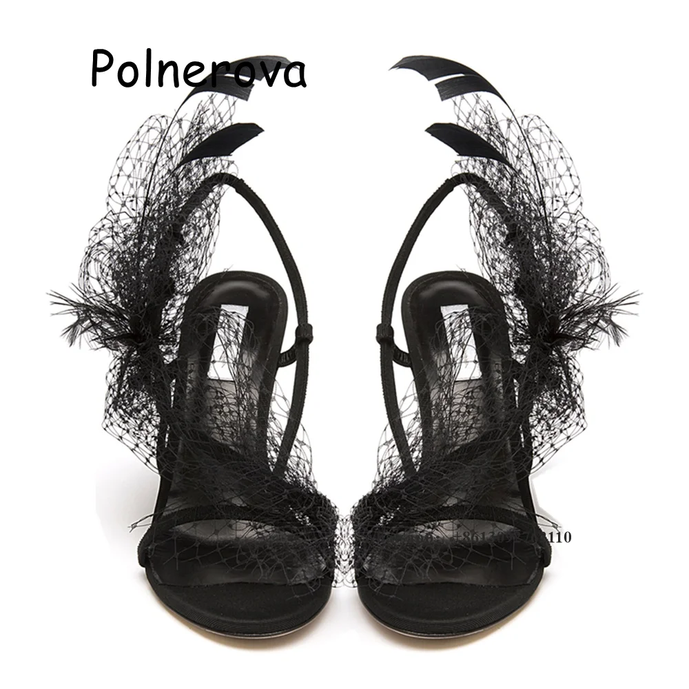 

Mesh Feather Sandals One Word Belt Women's Shoes Thin High Heels Summer Party Sexy All-Match Back Strap Ladies Fashion Sandals