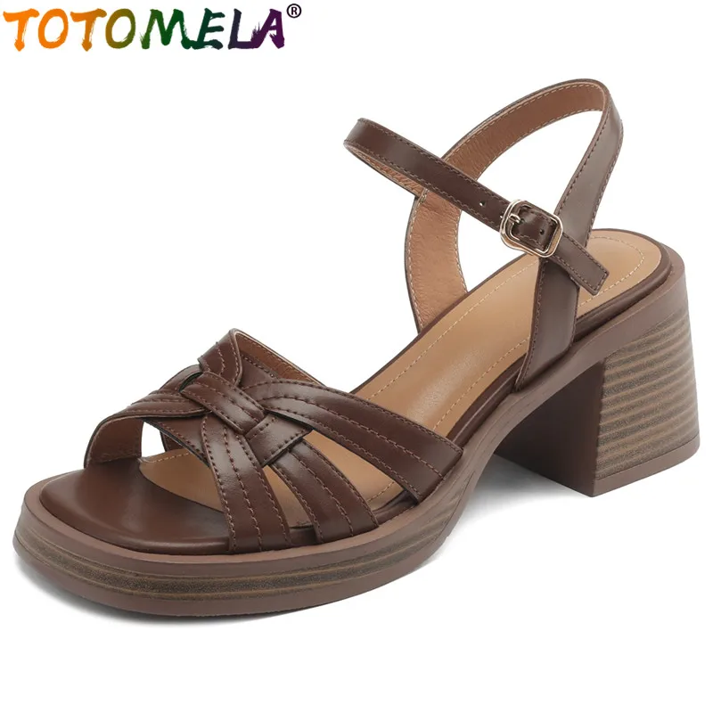 

TOTOMELA New Retro Genuine Leather Sandals Woman Thick High Heels Slingbacks Sandals Buckle Ladies Platform Summer Shoes