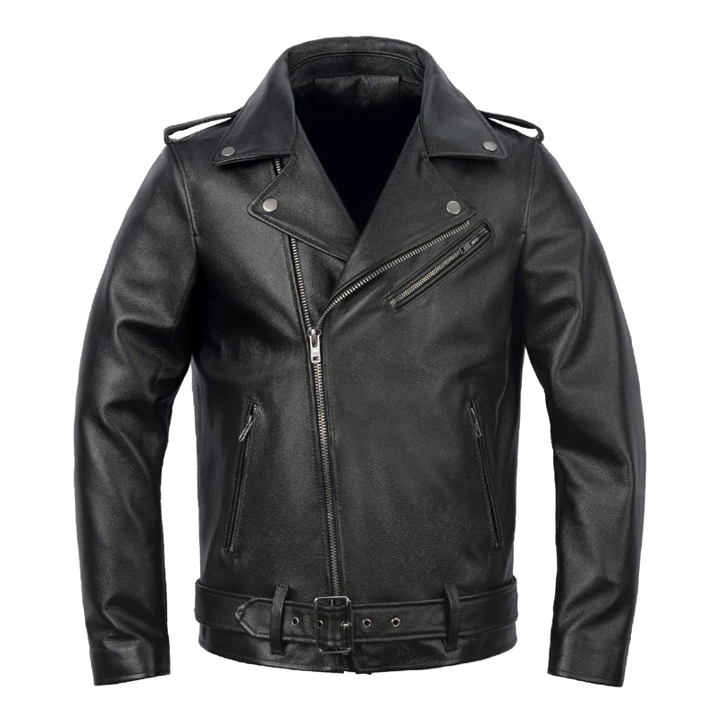 

Faionable Urban ort Genuine Top Layer Cowhide Leather Jaet Motorcycle Riding Clothes Slim Fit Men's Biker Jaet Coat
