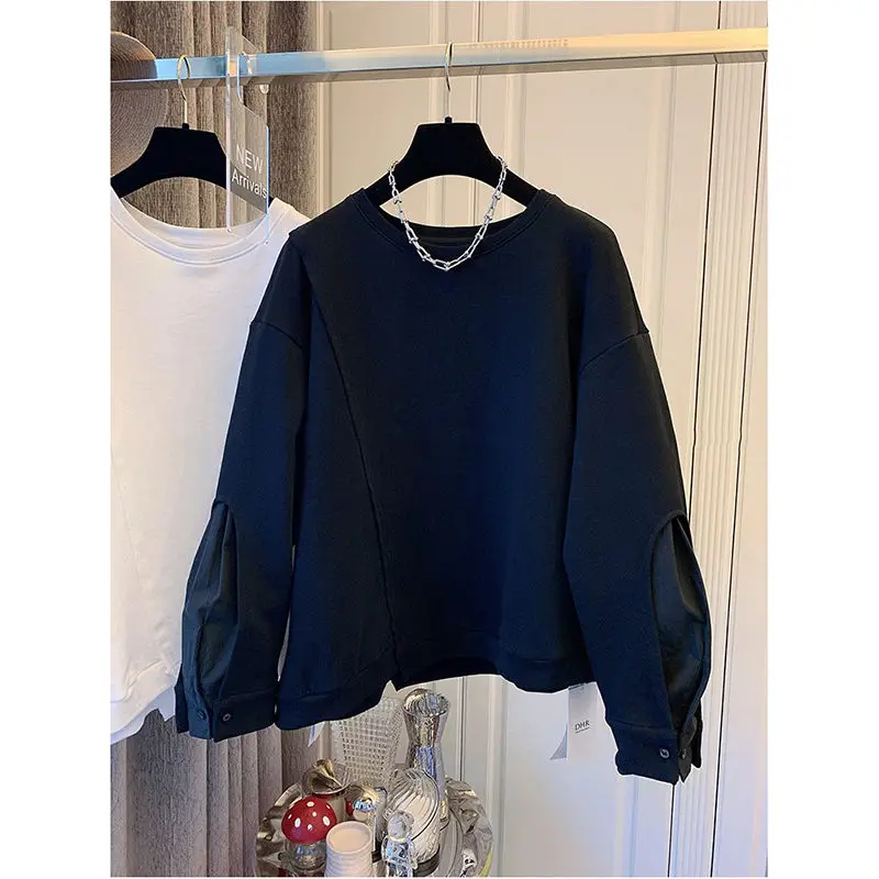 Spring Autumn New Solid Color Round Neck Long Sleeve Sweatshirts Women Fashion Casual Loose Pullovers Cotton Elegant Chic Tops