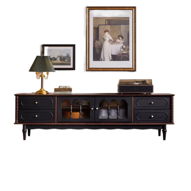 

French retro solid wood coffee table TV cabinet black American living room floor locker storage Internet celebrities new models