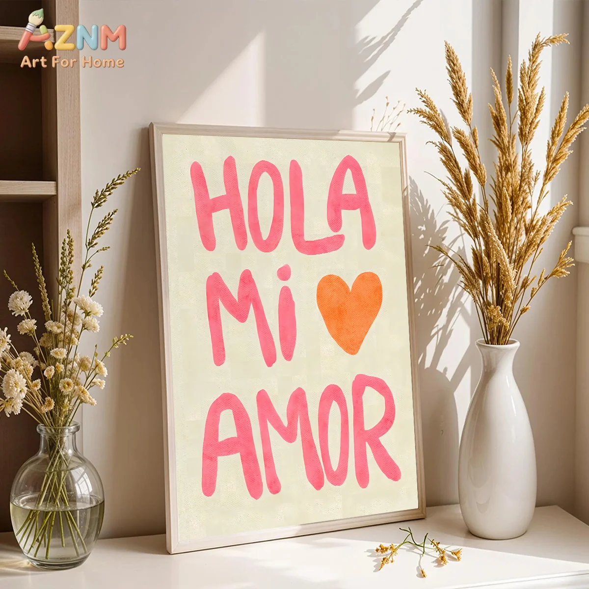 AZNM Hola Mi Amor Canvas Wall Art Spanish Sweet Love Quote Orange Heart Pink Text Print Unframed Canvas Boho Pastel Bedroom Aest