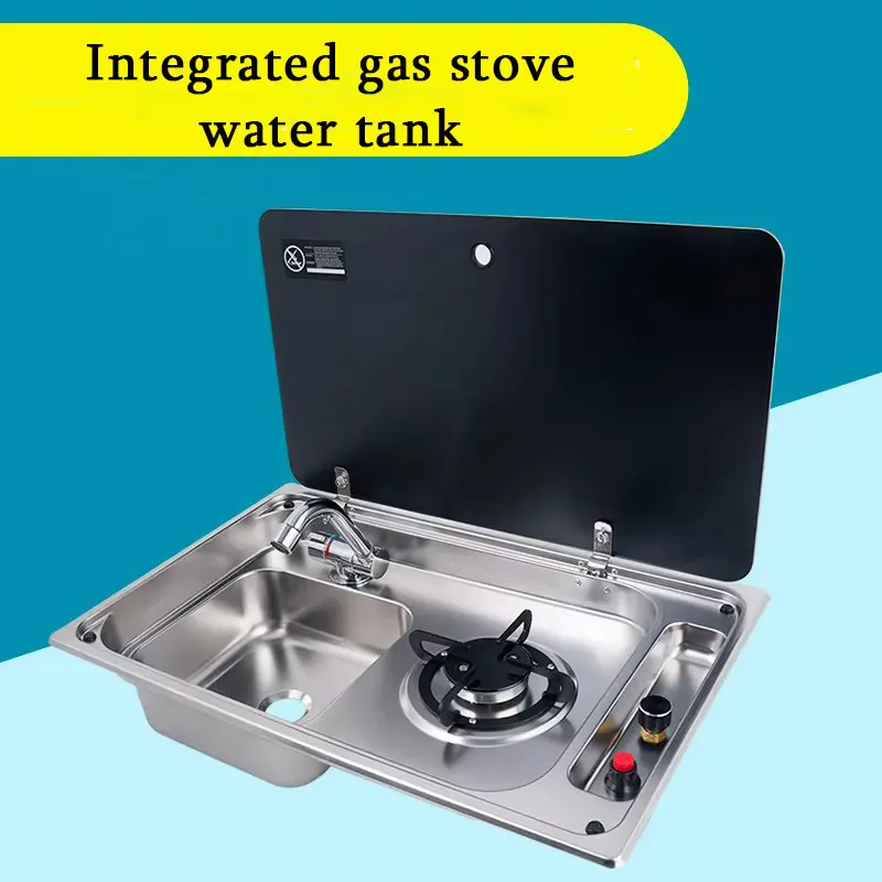 RV Sink with One Burner Gas Stove Hot/Cold Faucet 304 Stainless Steel Cutting Board for Caravan Motorhome Boat Yacht Kitchen