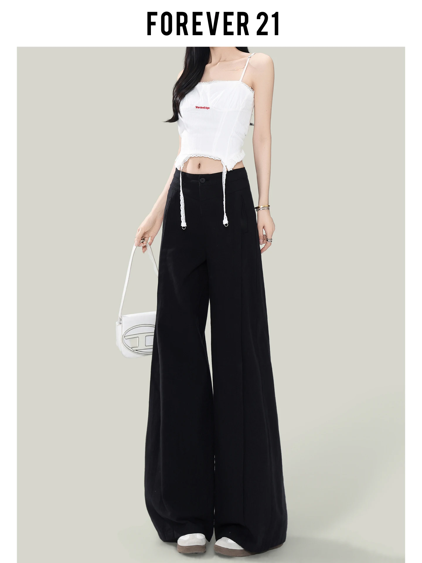 Pantalones Casuales de Cintura Alta y Pierna Ancha para Mujer, Holgados, con Corte Recto, Estilo Americano Forever 21, Color Negro