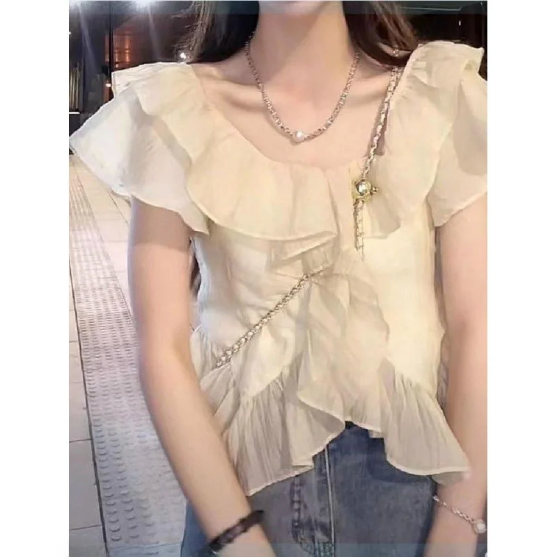 Ele ort Length Chiffon irt Women's Fly Sve Unique Summer Simple Korean Faion Slim Fit Asymmetrical Hem Blouse