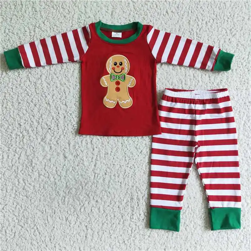 2022 New Design New Rts Red Ginger Bread Man Stripes Cuffs Long Sleeve Shirt Stripes Pants Fashion High Quality Boys Wearing