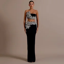 2024 New Women'S Black Sexy Strapless Shiny Diamond Flower Two-Piece Short Top+Long Skirt Tight Party Bandage Set