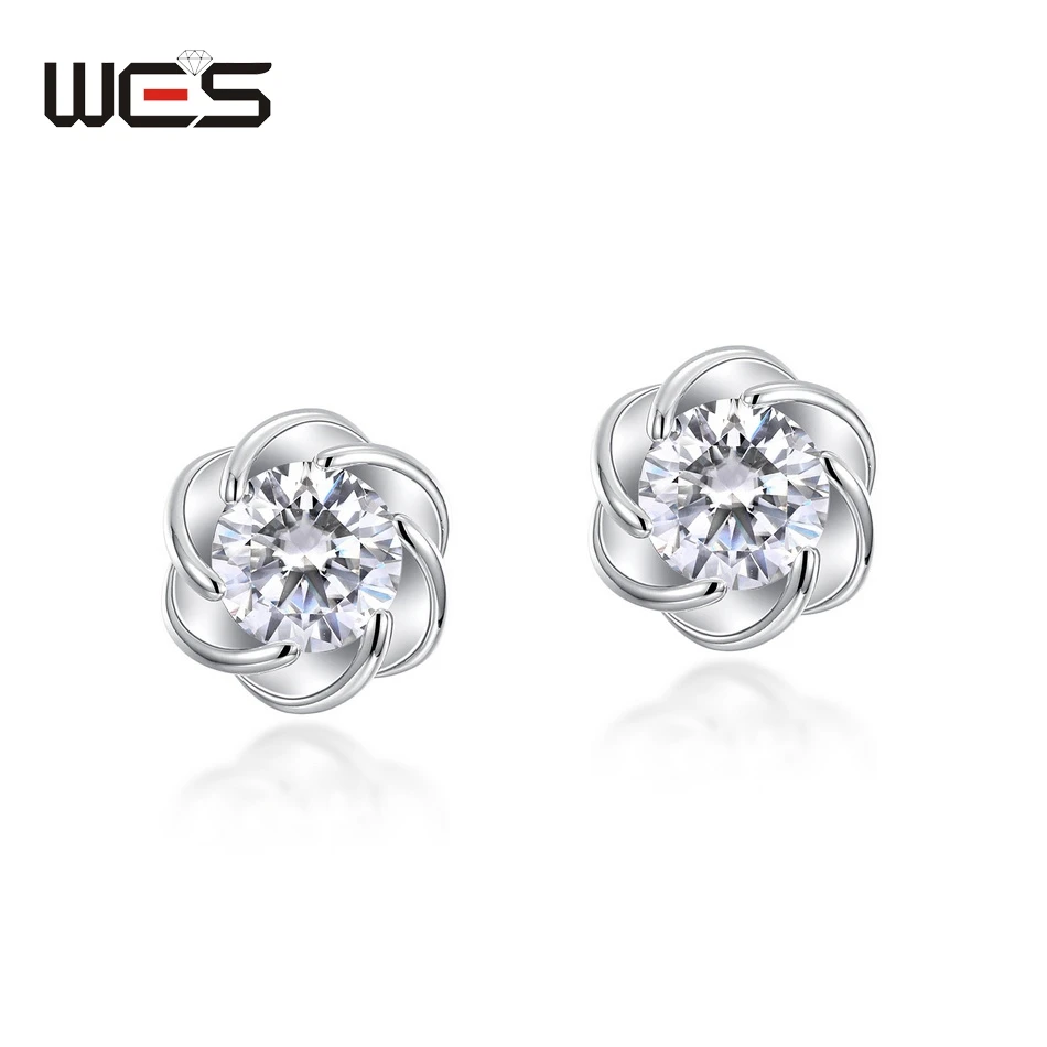 WES 925 Sterling Silver Flower 0.86ct Moissanite Stud Earrings 5*5mm Sparkling Lab Diamond Engagement Wedding Jewelry Gifts