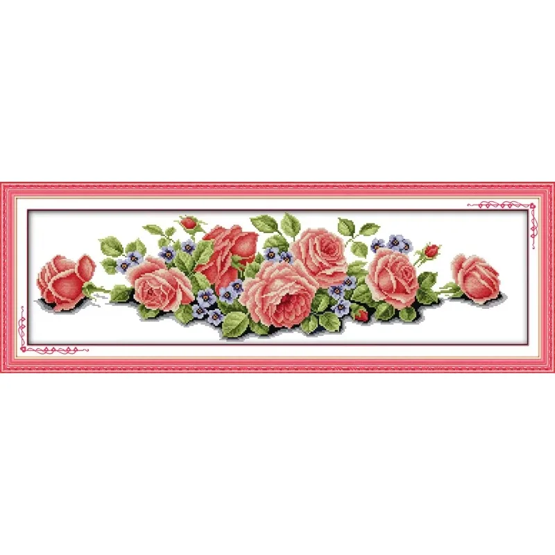 Joy Sunday Pre-printed Cross Stitch Kit  Easy Pattern Aida  Stamped Fabric Embroidery Set-Long Edition Roses(1)(pink)