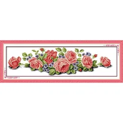 Joy Sunday Pre-printed Cross Stitch Kit  Easy Pattern Aida  Stamped Fabric Embroidery Set-Long Edition Roses(1)(pink)