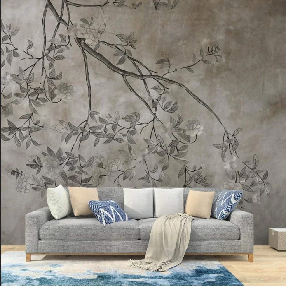 

Customized wallpaper hand-painted retro high-end art mural, countryside leaf flower wallpaper background decoration painting ﻿