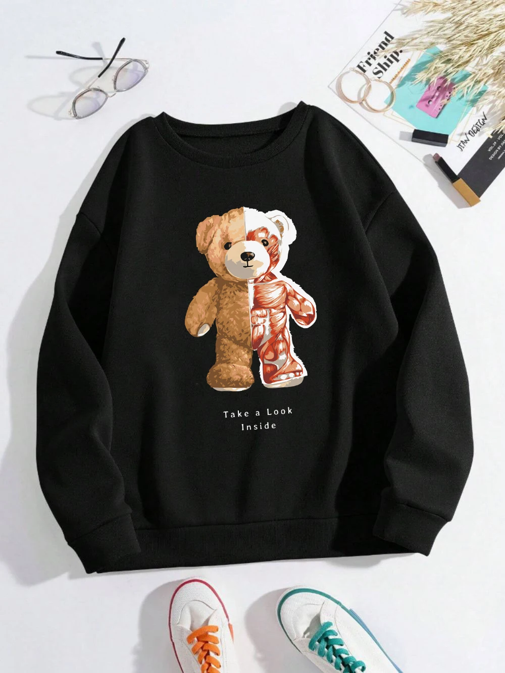 Muscle Bear Sweatshirt Damen Take A Look Inside Letter Prints Hoodies Fleece Warm Crewneck Loose Pullover Mode Damen Tops