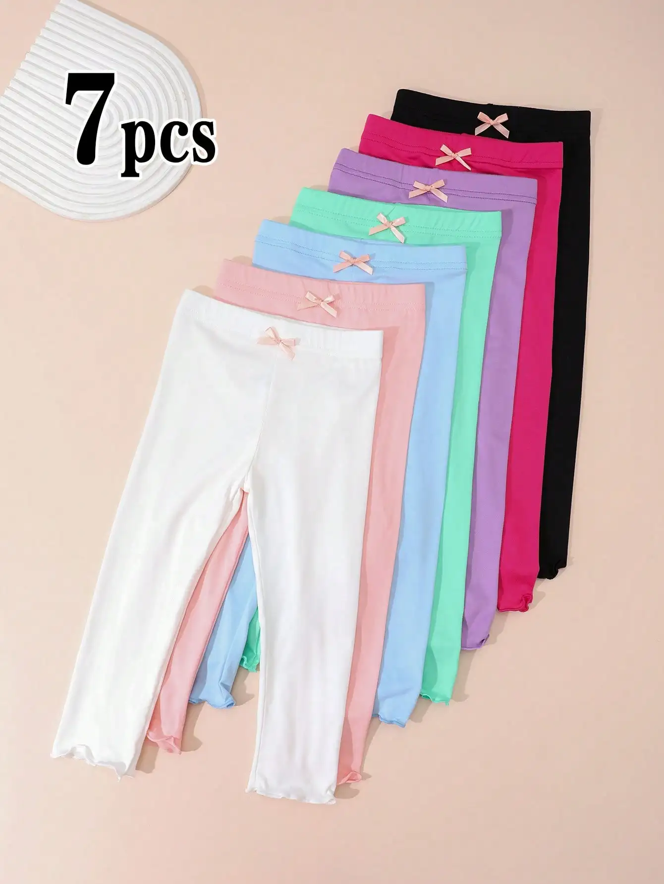 7Pcs Children Polyester Spandex Leggings, Breathable Elastic Waist Solid Color Trousers for Toddler Kids 2-11Y Casual Home Wear