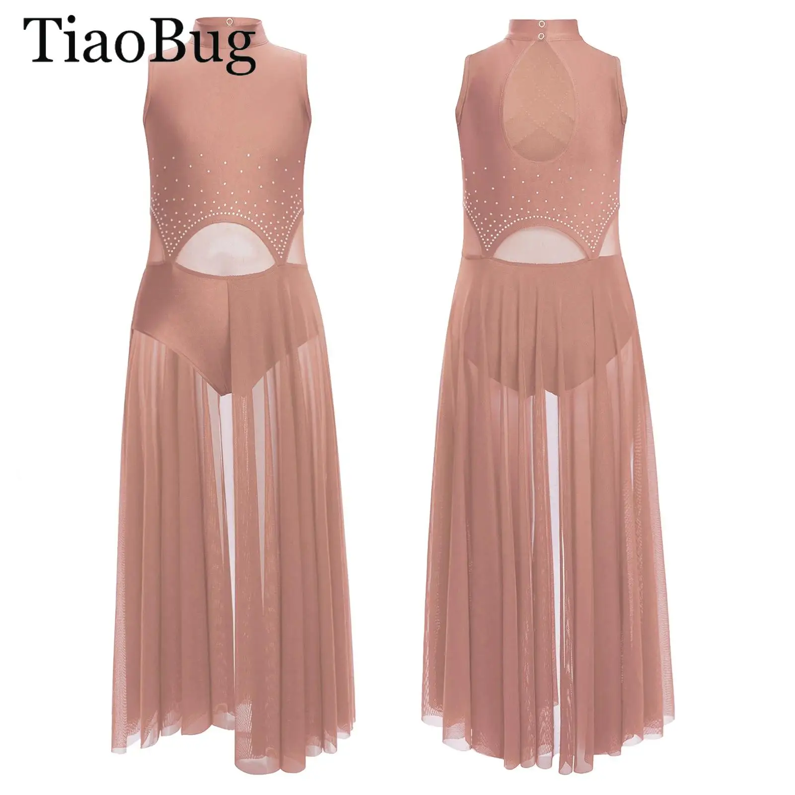 

Girls Lyrical Dance Dress Rhinestones Ballet Contemporary Dress Sleeveless Sheer Mesh Split Gymnastics Figure Skating Costumes