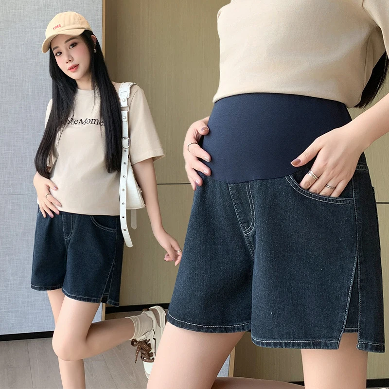 

2024 New Maternity Jean Shorts Summer Casual Belly Support Pants Slacks With Side Slit Fashion Clothes for Pregnant Women