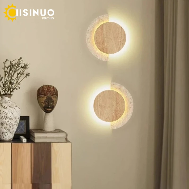 

Ваби-Саби Стиль Желтый Травертин Камень Настенный Светильник Светодиодный Круглый Прикроватный Светильник Деревянный Декор для Дома Гостиная Проход Лобби Вход