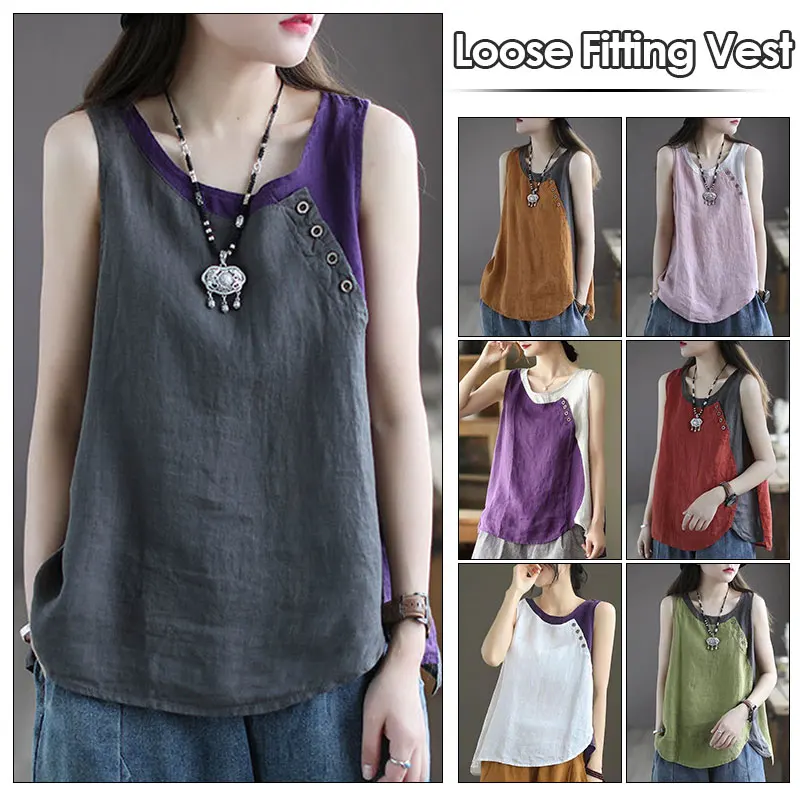 Summer Casual Camisole Women Literary Retro Cotton Linen Vest Blouse Sleeveless T-shirt Solid Loose Comfort Tank Spliced Tops