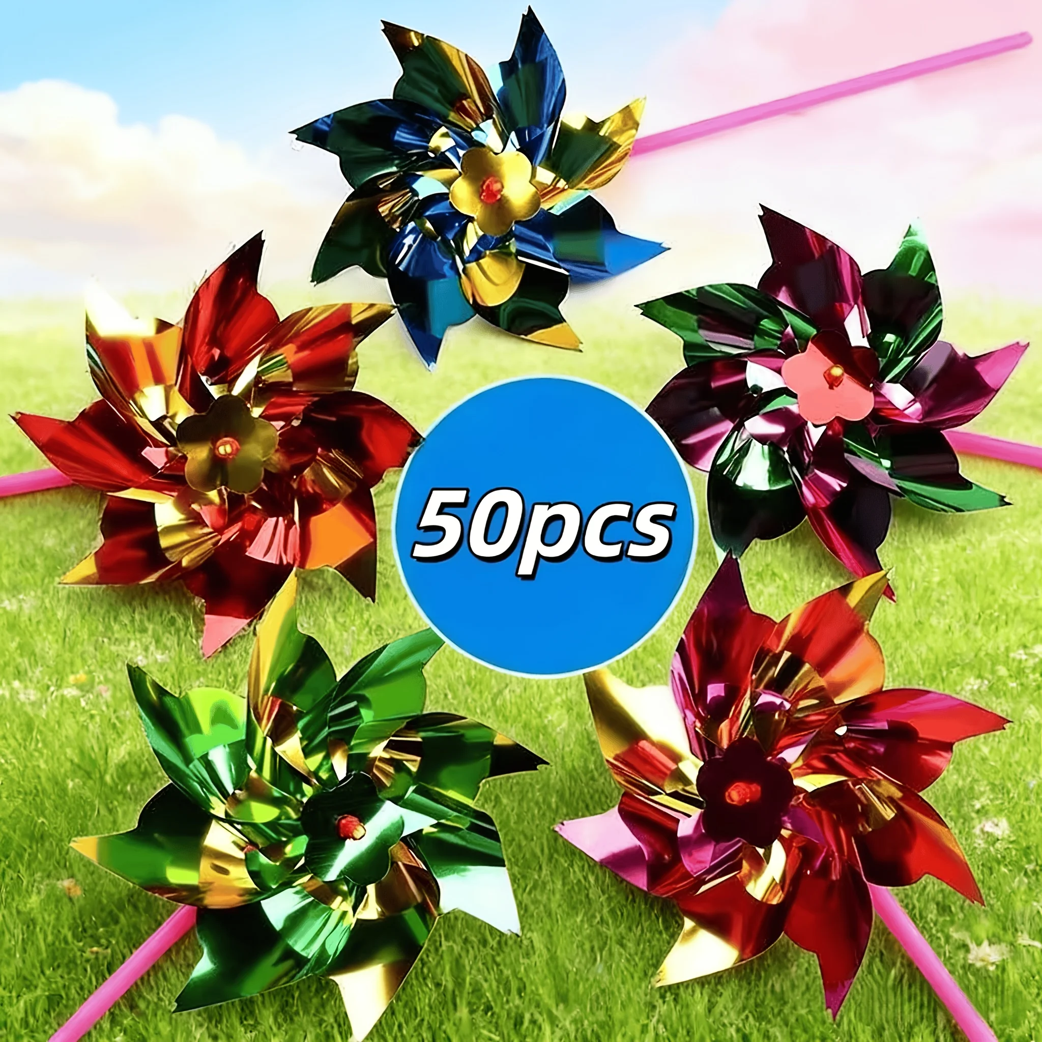 50 Stück Plastik-Laser-Glitzer-Windräder, Bunte Windmühlen für Gartendekoration, DIY Outdoor-Spinner für Gartenparty Rasendekoration – Detail 3