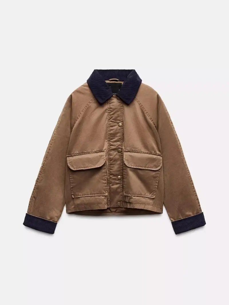 Chaqueta de Cuero Ence para Mujer, Primavera 2025, Estilo Americano, Cuello en Contraste de Color, Fibra de Poliéster Ora...