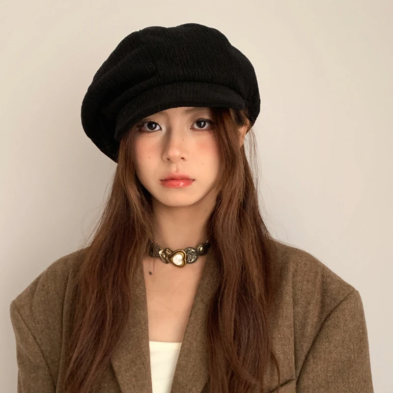 Ins Retro Brown Corduroy Berets Caps for Women Spring and Autumn Travel Casual Versatile Literary Show Face Small Octagonal Hat