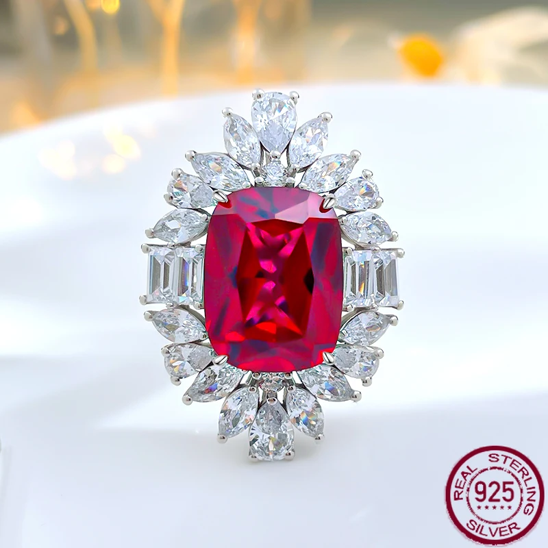 

Новое модное кольцо из чистого серебра Pigeon Blood Red S925 с высокоуглеродистым бриллиантом, винтажные роскошные свадебные украшения