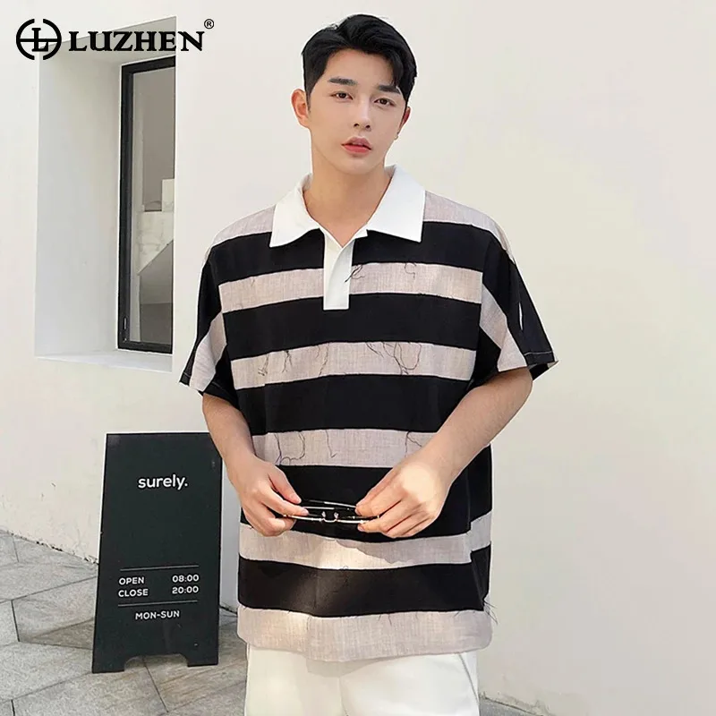 

LUZHEN Fashion Elegant Color Contrast Stripe Short Sleeve Tops Men's 2024 Summer Loose Polo Collar Casual T Shirts New LZ4994