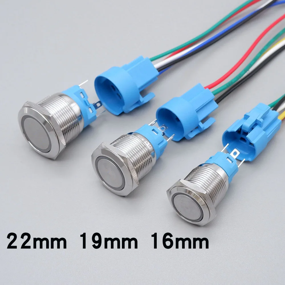 10pcs 16mm 19mm 22mm Metal Push Switch Push Ignition Button For Car LED Lights Lock Self-reset Waterproof With Socket 12V 5V Red