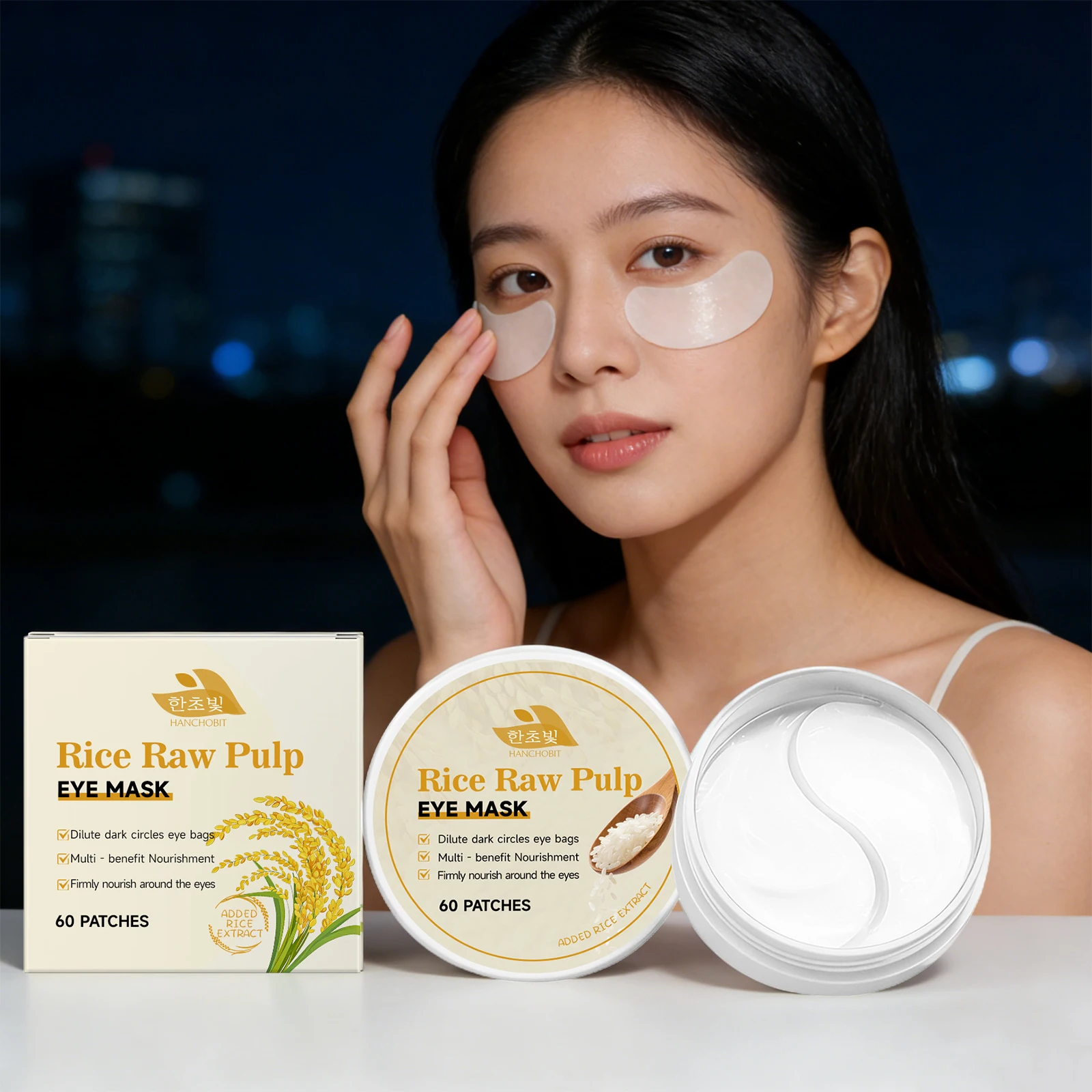 Rice Raw Pulp Eye Mask Anti Dark Circles Reduce Bags Fade Fine Lines Firming Lifting Brightening Moisturizing Patches for Eyes