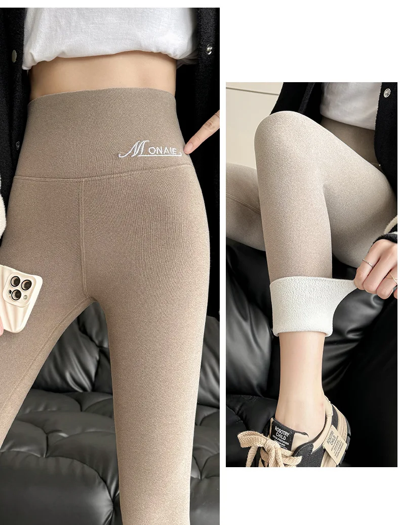 Winter-Kaschmir-Leggings für Damen, solide warme Leggings, hohe Taille, schlanke, dehnbare Hose, große Größe, Hinzufügen von Samt und Verdickungshosen – Detail 24