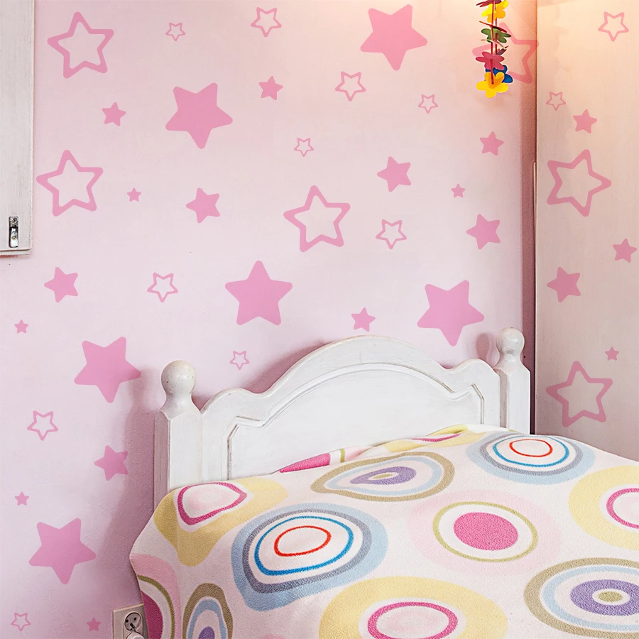 Cartoon Pink Star Wall Sticker Cute Wall Art Decal For Girls Bedroom Removable Self-Adhesive Vinyl Home Decoration