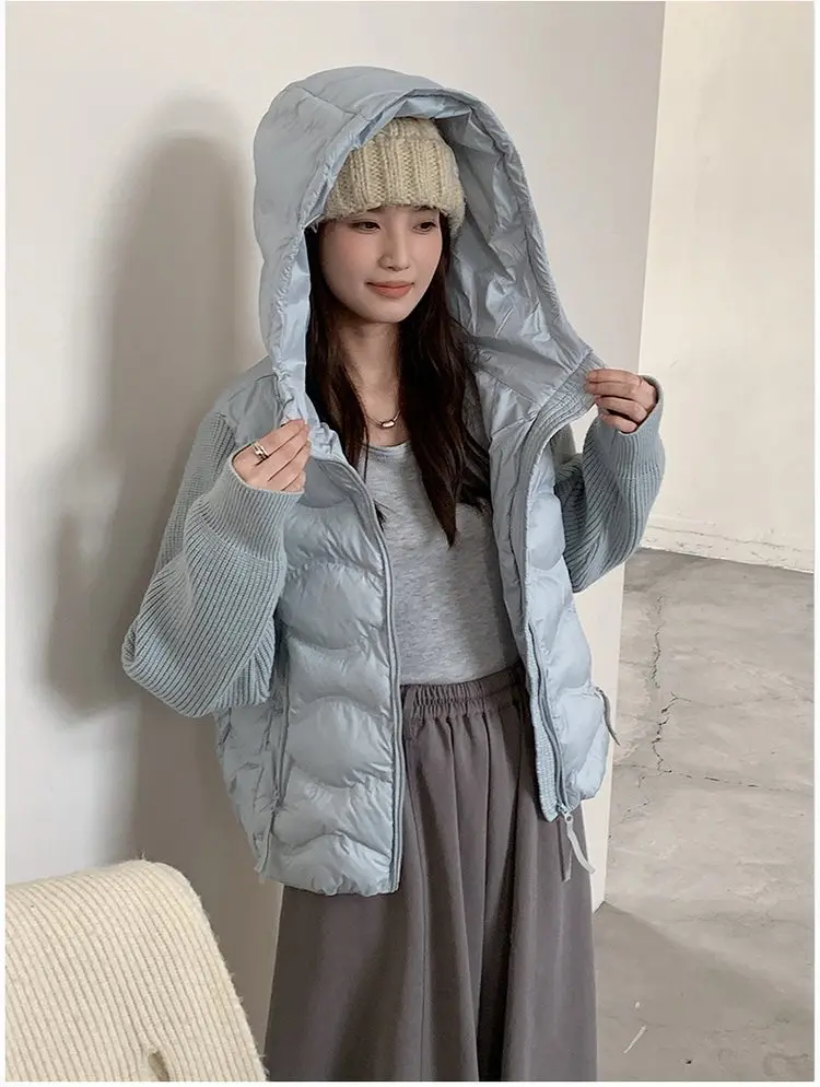 Solid Knitted Long Sleeve Cotton Jacket Autumn Winter Hooded Lightweight Warm Puffer Jackets Female Zipper Short Padded Parkas