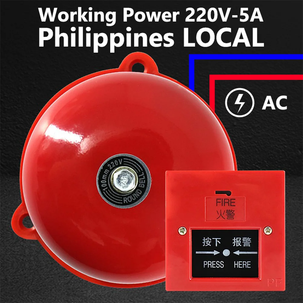 4 inci Manual panggilan titik api Alarm AC 220V Pull Station Internal tipe menyerang bel listrik 100db Internal Strike Alarm Bell