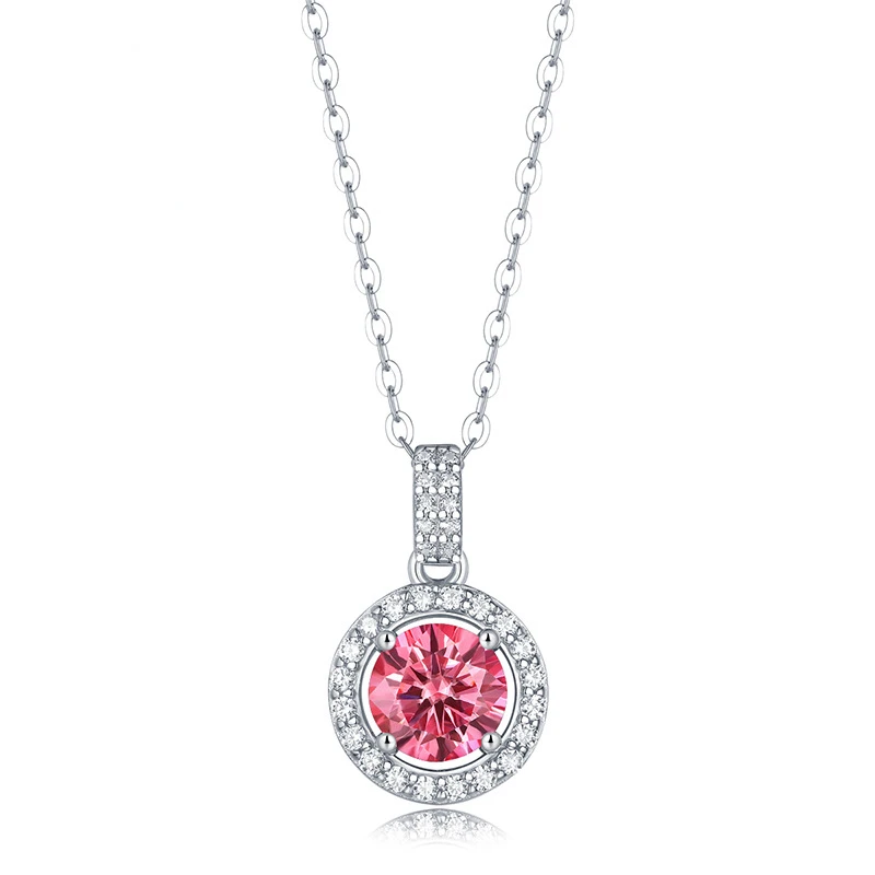 S925 silver necklace women's new round cake pendant wedding pink moissanite gift jewelry spot wholesale