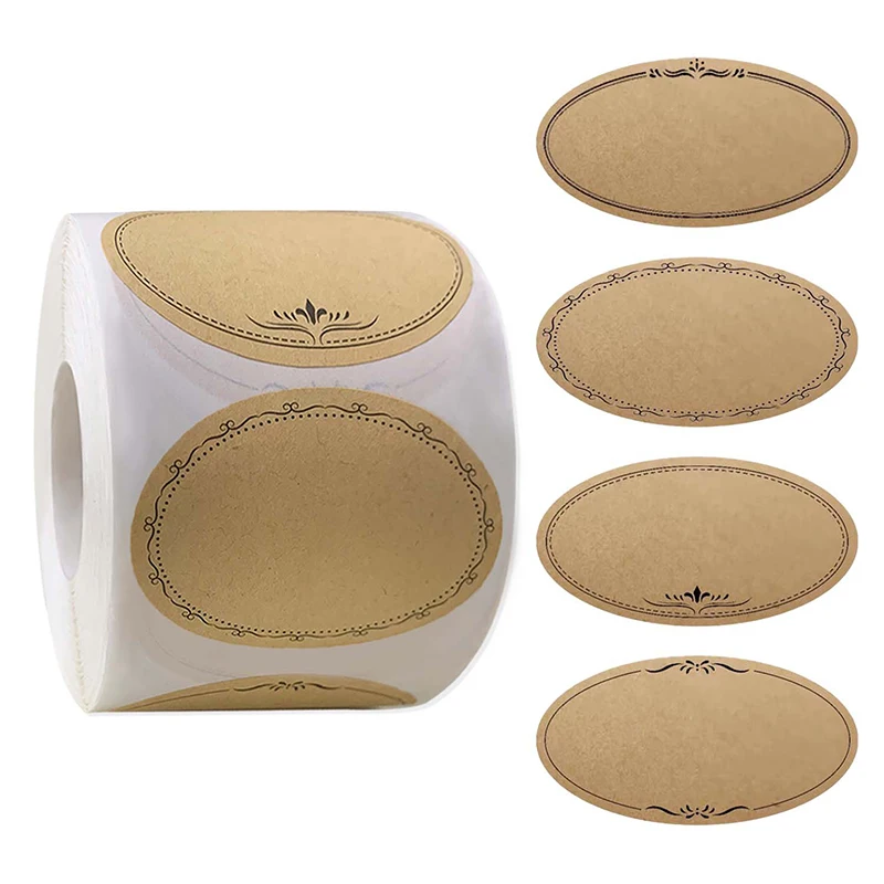 

250 Stickers/Roll 2.5*1.4in Kraft Paper Home Kitchen Food Date Marking Roll Waterproof Adhesive Stickers Oval Writable Labels Food Classification Labels Jar Labels Classification Management Stickers