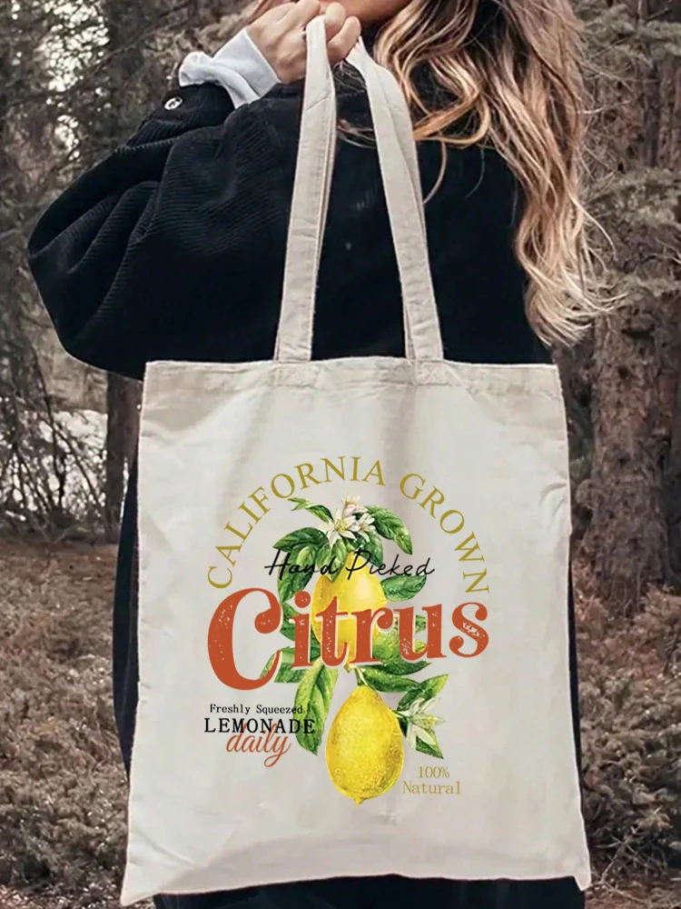 1pc Both Sides Print Girl Shoulder Tote Flower Lime Lemon Canvas Shopper Bag Plant Lady Handbags Women Shopping Bags