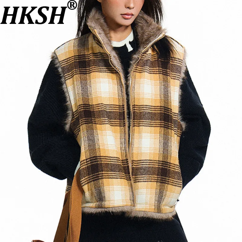 

HKSH осень-зима новый женский двусторонний толстый жилет цветной блок клетчатый воротник-стойка на молнии американский ретро теплые топы HK14712