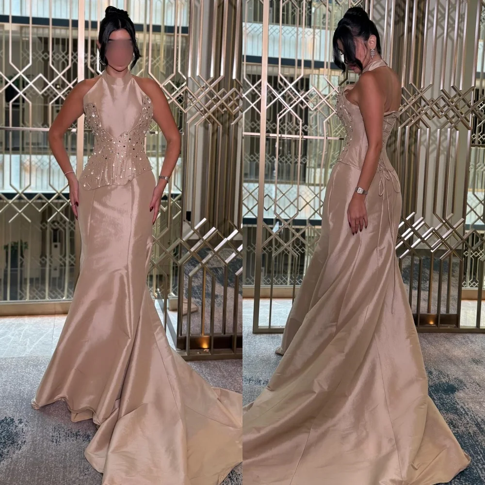 

Customized Modern Style Matching Charmeuse Rhinestone Ruched Mermaid Halter Long Dresses Bespoke Occasion Dresses Exquisite Sexy