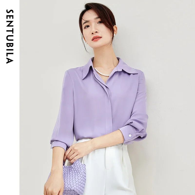 SENTUBILA Solid Office Lady Blouse for Women 2024 Autumn Straight Chiffon POLO Neck Elegant Pearl Chain Women Shirt 143V56771X