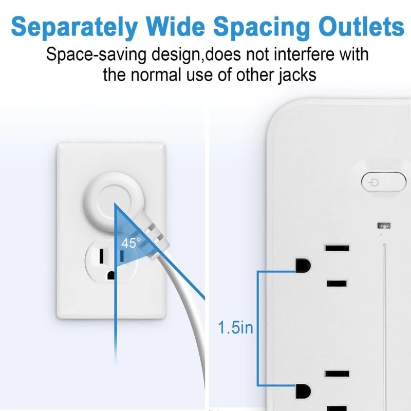 10 in 1 Power Strip Surge Protector Flat Plug with 6pcs Widely-Spaced Outlets & 3x USB Ports +1pc Type-C Interface