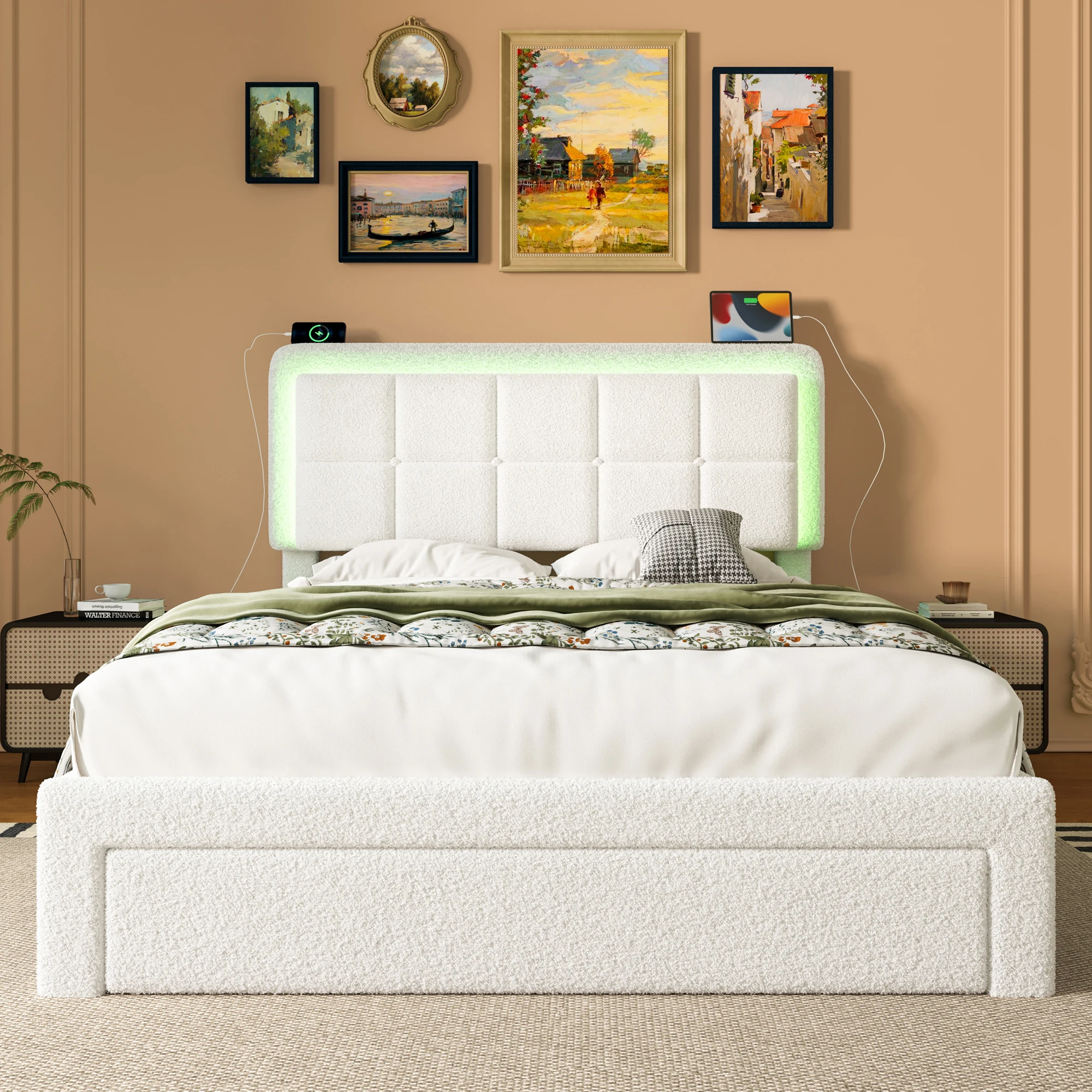 LVHOM Cadre de lit rembourré 140 x 200 cm avec tête de lit réglable en velours Teddy, éclairage LED et conception de port USB, cadre de lit moderne