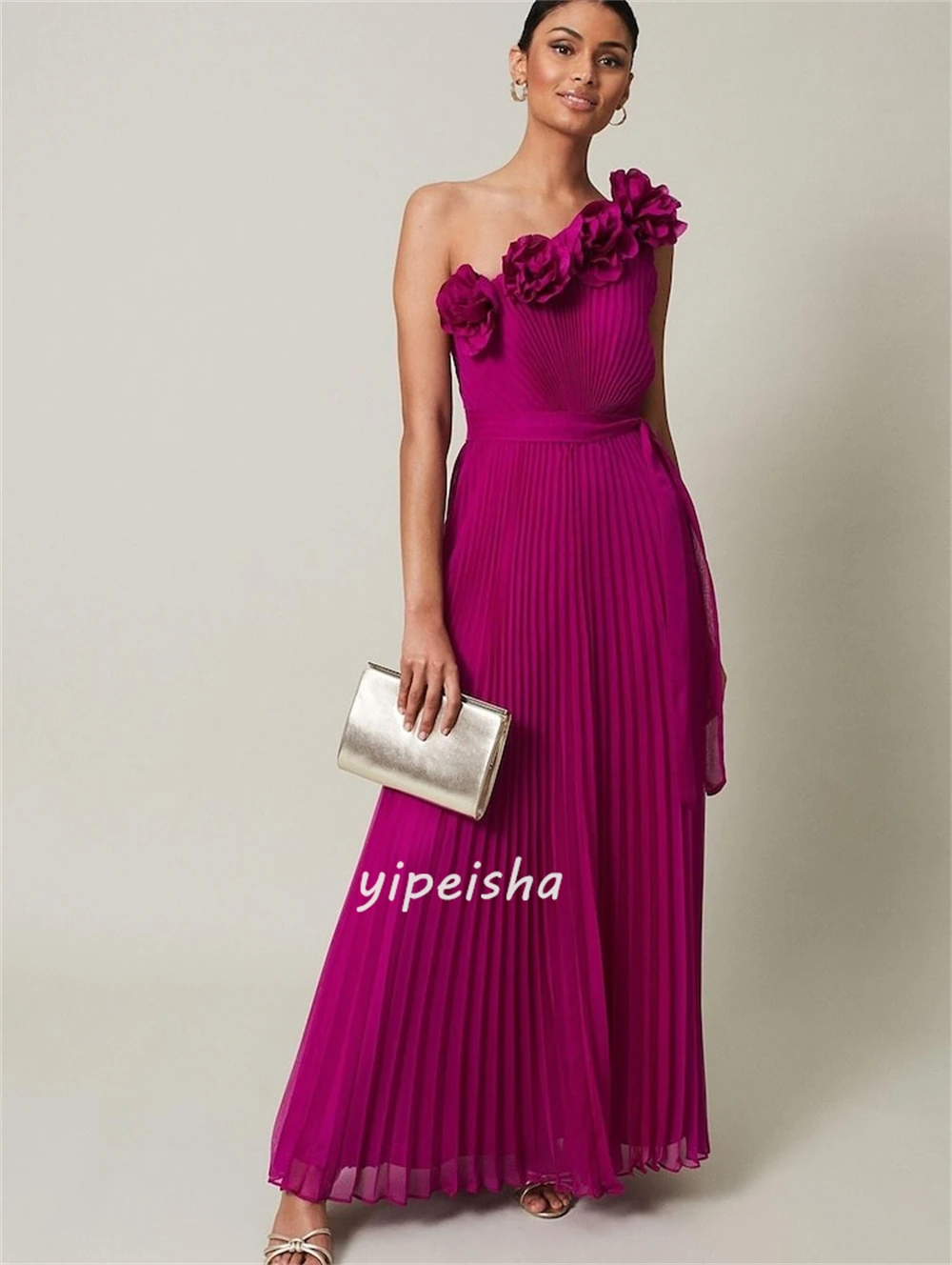 تخصيص الطراز الحديث بسيط اليدوية زهرة الطية مستقيم واحد الكتف فساتين طويلة فساتين مناسبة مخصصة مطابقة الرجعية