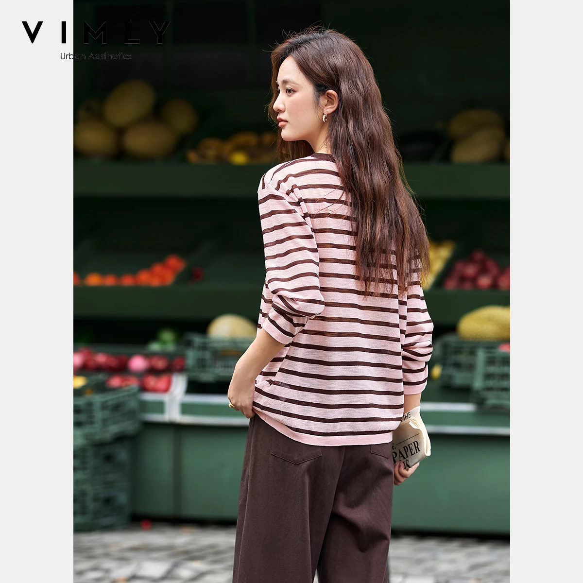 Vimly outono camiseta mulher 2025 listrado em torno do pescoço contraste cor feminina camisetas casuais de malha manga longa solta senhoras topos 75105