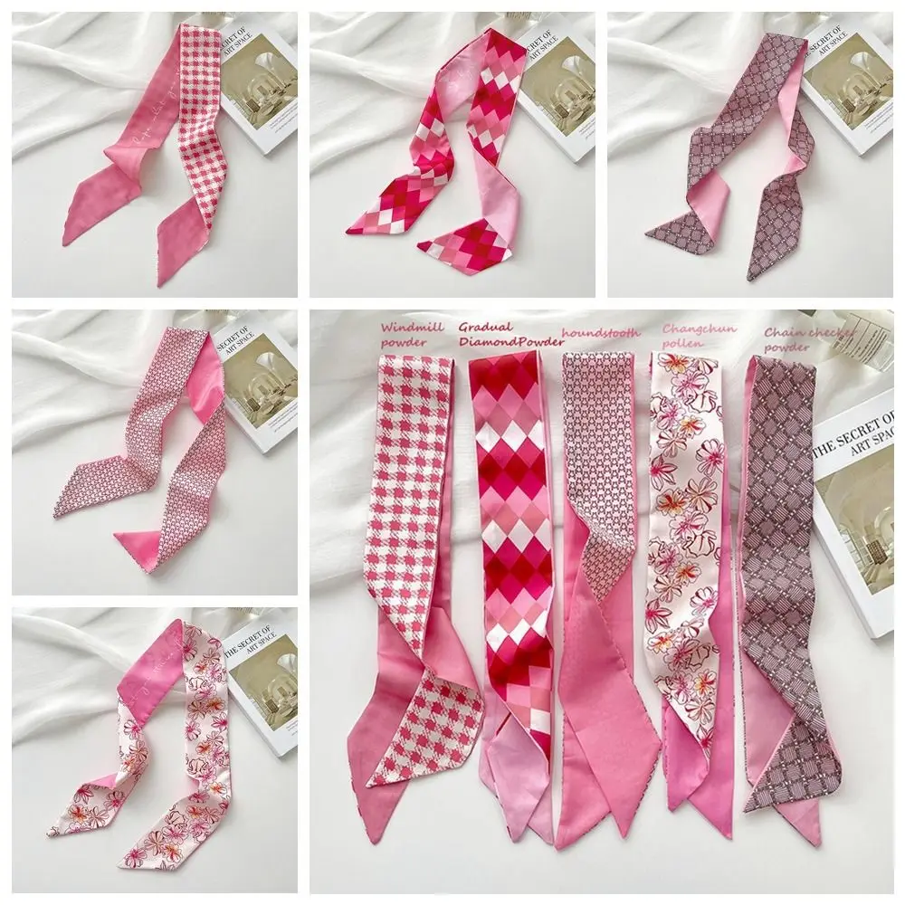 Simple Ribbon Headband Silk Scarf Flower Hair Tie Printed Scarf Pink Neckerchief Scarf Hair Band Female