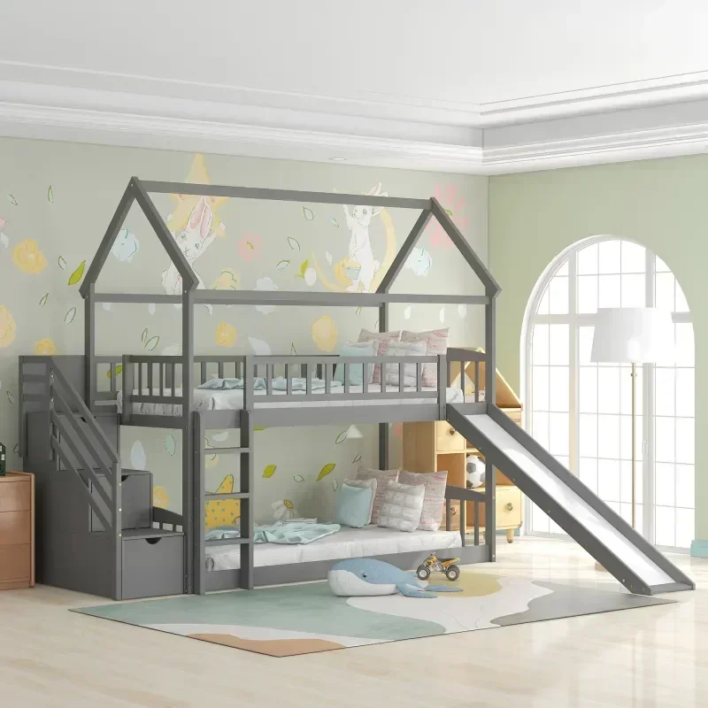 Solid wood children's double bed, Twin Over Twin Floor Bunk Bed with Slide and Stair, Stairway with Storage Shelves Space-Saving