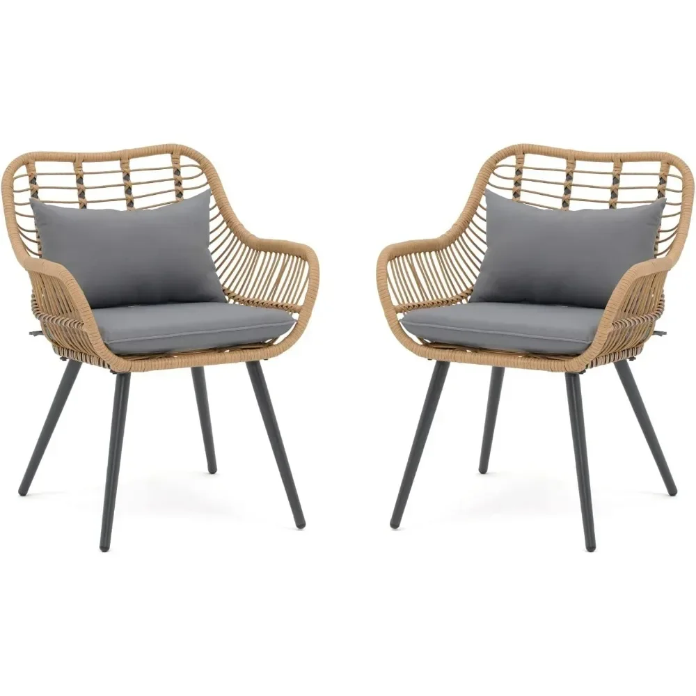 Garden Chairs Set of 2, Wicker Seating Set with Soft Cushion for Indoor & Outdoor Use, Modern Wicker Dining Chairs for Backyard