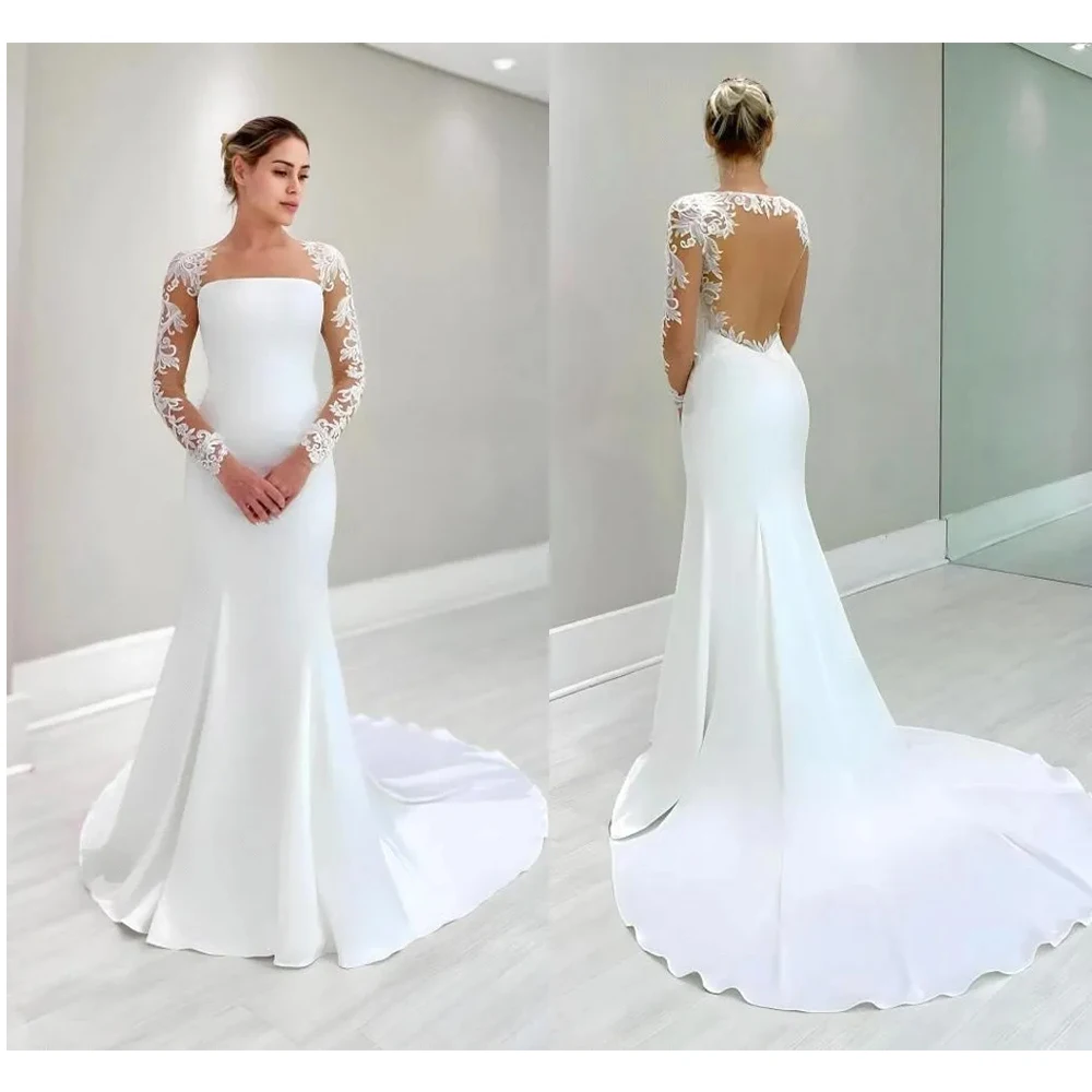 เซ็กซี่Backlessชุดเดรสเมอร์เมดSheer Laceแขนยาวผู้หญิงเรียบง่ายBohemian Garden Beachชุดเจ้าสาวที่กําหนดเอง