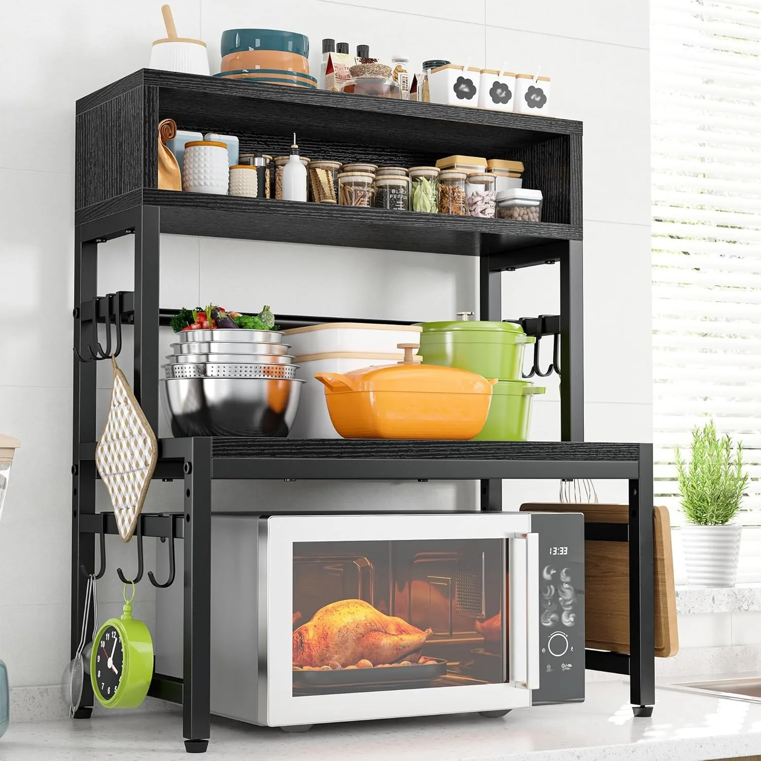 

Adjustable microwave rack, 4 layers, with 9 hooks, for kitchen countertop storage (black)