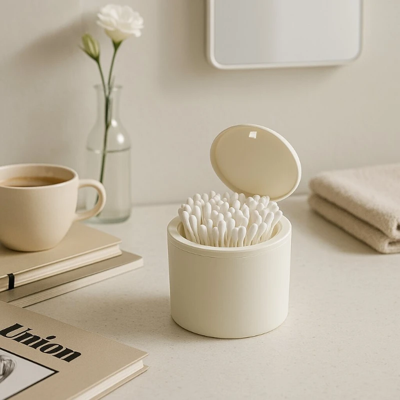 

Spring-Loaded Cotton Swab Holder, Desktop Covered Storage Box, Press-Top Plastic Organizer, Cotton Stick Storage Container