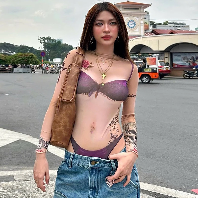 

Street Sle Punk Millennium Bikini Tattoo Print Long Sve Slim Fit High Waist ort Pants for Women Summer 2025