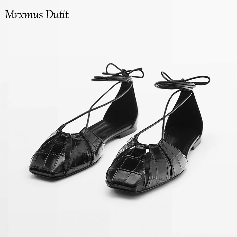 

Mrxmus Dutit Fashion Sandals 2023 Summer New Black Hollow Design Strap Leather Flat Sandals